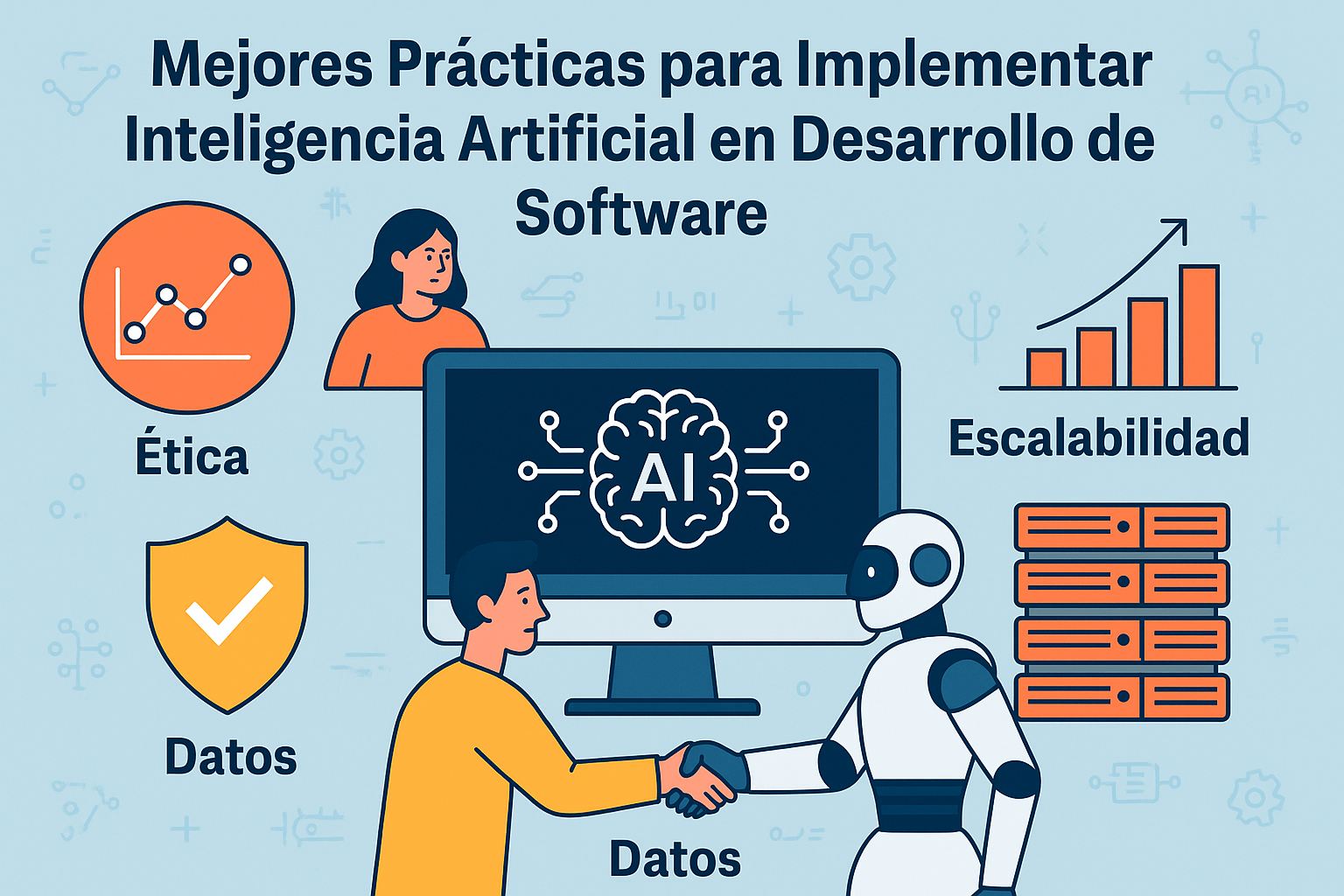 Ilustración corporativa: mejores prácticas de implementación de IA (datos, MLOps, seguridad, UX, costes) con enfoque empresarial 2025