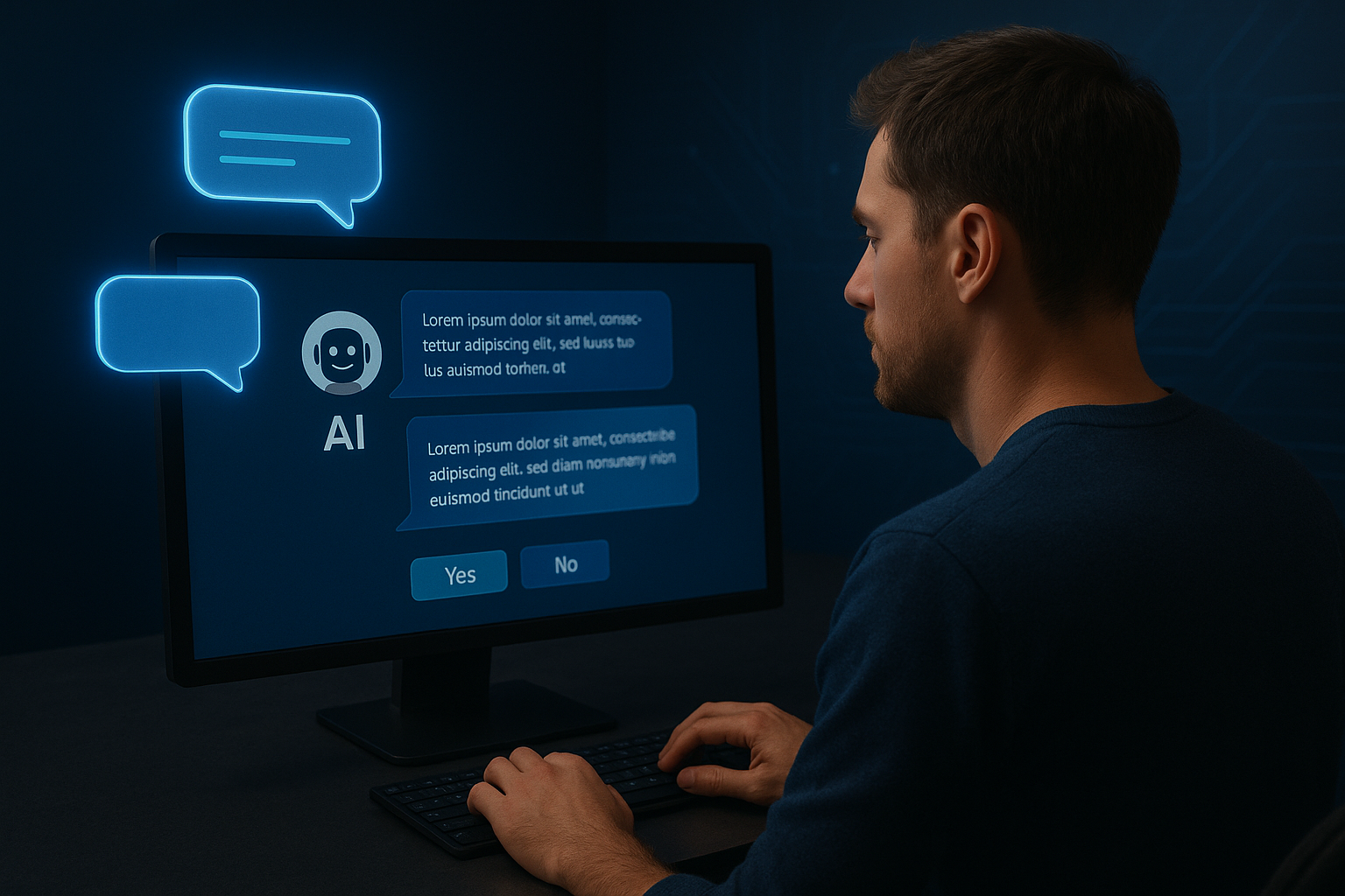 Chatbot de IA atendiendo clientes en una pantalla digital con iconos de conversación
